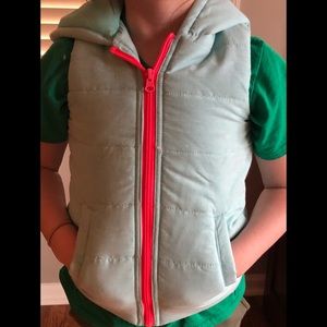 Hooded puffy vest. Seafoam with pink!